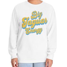 This Big Jaguar Energy Long Sleeve T-Shirt is made with 100% US cotton (Athletic Heather is 90% US cotton 10% polyester). This unisex long-sleeve shirt is a highly versatile choice that stays comfy throughout the day. Their tubular shape provides an easy-going, classic fit that is perfect for any occasion while the ribbed cuffs help maintain the garment's good looks for longer.  .: 100% US Cotton (fiber content may vary for different colors) .: Medium fabric (6.0 oz/yd² (203 g/m .: Classic fit . Fan Apparel Long Sleeve Relaxed Fit T-shirt, Collegiate Long Sleeve T-shirt With Screen Print, White Long Sleeve Fan Apparel Sweatshirt, Collegiate Long Sleeve T-shirt For College, Long Sleeve T-shirt With Team Name For Fans, Long Sleeve Cotton T-shirt With Team Spirit, Cotton Long Sleeve T-shirt For Sports Events, White Long Sleeve T-shirt For College, White Long Sleeve College T-shirt