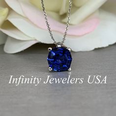 Web Cut Necklace / Blue Sapphire Necklace / Hexagon Necklace / 3.30ctw / 18" Cable Chain / 14k White Gold / #6390 #GraduationGift #DiamondNecklace #EverydayNecklace #AnniversaryGift #BirthdayGift #WeddingGift #GiftIdeasForHer #BridalGift #LadiesGift #EngagementGift Sapphire Jewelry With Diamond Cut For Gift, Sapphire Diamond Cut Jewelry For Gifts, Blue Round Cut Jewelry With Prong Setting, Blue Diamond Cut Jewelry For Gift, Sterling Silver Sapphire Jewelry With Diamond Cut, Blue Diamond Cut Jewelry Gift, Fine Jewelry Sapphire Necklace As Gift, Sapphire Necklace With Prong Setting In Sterling Silver, Blue Sapphire Jewelry With Prong Setting