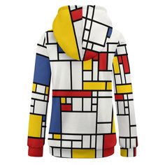 Women's Sweater, Hoodie Sweater Women, Fleece Sweater, Mondrian Sweater, 60s style sweater, Mod 60s Sweater, Women's Hoodie Sweater Handmade to order, Designed in California, Handmade overseas. A design inspired by Piet Mondiran, an abstract painter from the 60s. Geometric print in multicolor red,blue, yellow white and black print. Not your average hoodie sweater for sure! It's got a cool cowl neckline with a hoodie behind. So unique! Pair it with any fun colored pants, skirt with boots, a super