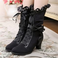 Category:Boots; Upper Materials:Faux Leather; Embellishment:Lace-up; Season:Winter,Fall; Heel Type:Block Heel; Gender:Women's; Toe Shape:Round Toe; Type:Mid Calf Boots; Style:Minimalism,Elegant,Fashion,Vintage; Heel Height(inch):1-2; Outsole Materials:Rubber; Occasion:Valentine's Day,Daily; Closure Type:Zipper; Pattern:Solid Color; Listing Date:09/21/2023; Production mode:External procurement; 2024 Trends:Ladies Shoes Valentines Gifts,Plus Size; Foot Length:null; Foot Width:null; Size chart date Cute Stylish Boots, Vampire Shoes Aesthetic, Woman Shoes Aesthetic, Victorian Style Shoes, Knee High Boots With Heels, Ouji Boots, Lace Gifts For Him, Romantic Goth Shoes, Victorian Gothic Fashion Women