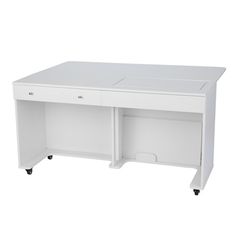 a white desk with two drawers on wheels