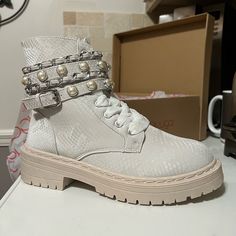 Sugar Off-White Embellished Combat Boots. Size 7.5 Nib White Embellished Spring Boots, White Rhinestone Boots With Round Toe, White Rhinestone Boots For Spring, White Embellished Boots With Round Toe, Rubber Sole Boots, Sugar Lace, Black Lace Up Boots, Womens Combat Boots, Black Combat Boots