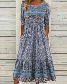 Simple pocket floral dress Blue 23BF Casual Dresses Clothes Dresses Summer Stylish Midi Dress, Boho Styl, Cotton Blends Dress, Half Sleeve Dresses, Ethnic Dress, Vestidos Vintage, Floral Blue Dress, Vestido Casual, Boho Stil