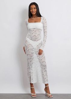 Enhance your feminine charm with our Square Collar Long Sleeved Floral Lace Maxi Dress. The elegant square collar and delicate floral lace add a touch of sophistication to any occasion. Made of breathable, high-quality fabric, this dress is perfect for any stylish lady. Don't miss out! Fabric: Slight Stretch Material: Polyester Fiber *Underwear not included Square Neck Lace Patchwork Party Dress, Chic Lace Dress With Square Neck, Square Neck Lace Dress With Lace Patchwork, Chic Square Neck Lace Dress, Feminine Square Neck Lace Dress For Party, Feminine Lace Dress With Square Neck For Party, Fitted Lace Dress With Square Neck, Elegant Lace Dress With Straight Neckline And Lace Trim, Lace Patchwork Square Neck Dress