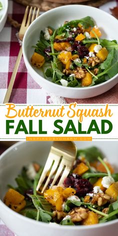 Look forward to this Butternut Squash Fall Salad! Tossed in a homemade apple cider vinaigrette with arugula, dried cranberries, and more, this roasted butternut squash salad is a tasty addition to your Thanksgiving dinner party. Save this Thanksgiving side dish recipe! Roasted Butternut Squash Salad, Thanksgiving Dinner Sides, Thanksgiving Cocktail Recipes, Apple Cider Vinaigrette, Autumn Salad Recipes, Cider Vinaigrette, Fall Salad, Butternut Squash Salad, Homemade Apple Cider