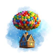 the house is floating in the air with balloons