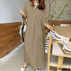 Olivia Mark - Solid Color Mandarin Collar Cotton Linen Long Sleeve Minimalist Loose Casual Maxi Dress V Neck Long Sleeve Dress, Vestidos Retro, Light Dress, Long Sleeve Casual Dress, Long Dress Casual, Green Style, Elegant Dresses Long, Khaki Dress, Maxi Dress Green