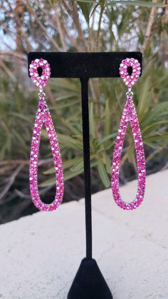 Fuchsia Ab Long Hoops Hot Pink Long Rhinestone Earrings - Etsy Hot Pink Prom Earrings, Hot Pink Prom Jewelry, Pink Clip-on Drop Earrings, Pink Clip-on Dangle Jewelry, Pink Dangle Clip-on Jewelry, Party Clip-on Cubic Zirconia Earrings, Pink Teardrop Earrings For Party, Crystal Bling Clip-on Earrings, Pink Hoop Earrings For Party