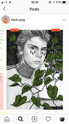 a drawing of a boy with leaves on his face and the caption's description below it