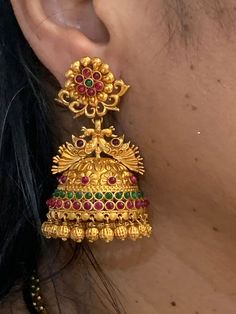 Temple Jewellery - 22 Karat Gold 'Peacock' Jhumkas (Buttalu) - Gold Dangle Earrings with Beads   - 235-GJH2208 - in 42.350 Grams for USD $3424.99. 
Made in India by Totaram Jewelers Online this product is in Gold - 22 Karat BIS Hallmark 916 KDM Gold  & is an excellent gift for Adult - Women. Ships fully insured with secured guaranteed delivery for free with your order over $250 from New Jersey USA & comes with 30 days exchange policy. Buttalu Earrings, Buttalu Gold, Bride Essentials, Temple Jewellery Earrings, Indian Diamond Jewellery, Earrings With Beads, Indian Gold Jewelry, Gold Peacock, Jewelry Bride