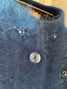 Absolutely gorgeous bright blue embellished with beads rabbit angora hair and acrylic and nylon coat / jacket. Buttons in the front. XL one size. Great condition! Fall Blue Beaded Outerwear, Easter Pajamas, Rabbit Fur Jacket, Green Apron, Rabbit Fur Coat, Fur Coat Vintage, Coats Vintage, Vintage Rabbit, Pink Easter