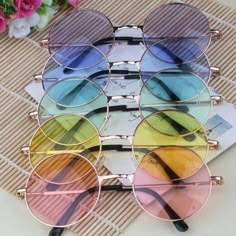 Golden Frame Round Sunglasses. Glasses Hippie Shades Lennon. Colors: Orange, Violet, Blue, Green, Yellow, Pink. Select Your Preferred Color. Brand New. Accessories Minimal, Circle Glasses, Sunglasses For Your Face Shape, Cat Eye Colors, Circle Sunglasses, Colored Glasses, Cute Sunglasses, Fashion Eye Glasses, Cute Glasses