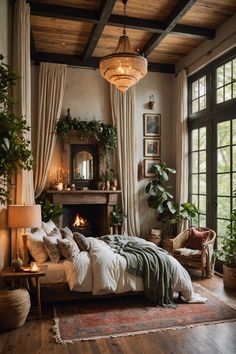 a bedroom with a fireplace and lots of windows