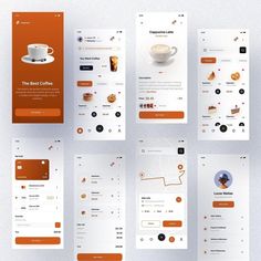 an orange and white app design for coffee