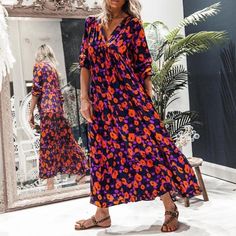 Fashion Vintage Printed V-neck Long Sleeve Loose Vacation Dress Casual Printed V-neck Midi Dress, Casual Printed V-neck Maxi Dress, Flowy V-neck Dress For Fall, Printed V-neck Dress For Day Out, Printed V-neck Maxi Dress For Day Out, Non-stretch Floral Print V-neck Midi Dress, Spring V-neck Maxi Dress For Date Night, Summer V-neck Dress With Notched Neckline For Date Night, Casual Spring Midi Dress With Notched Neckline