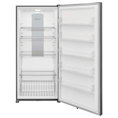 an open refrigerator with the door wide open and no ice maker on it's side