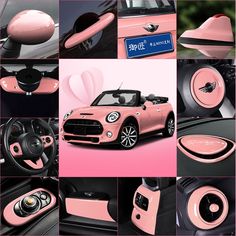 the interior of a pink convertible car with black trims and steering wheel, center console,