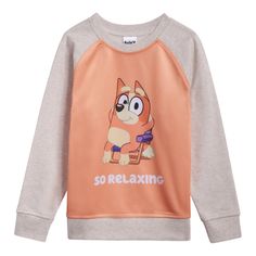 Dress your little one in playful style with this eye-catching Bluey-themed sweatshirt featuring a vibrant all-over print, contrast raglan sleeves, and cozy ribbed waist cuffs. The rib knit crew neck collar and ribbed sleeve cuffs ensure a snug fit while the soft hand screen print adds a touch of whimsy. Complete with pull-on closure and adorable dimensional ears, this top is perfect for fans of the beloved animated series. Playful Long Sleeve Sweatshirt With Ribbed Cuffs, Playful Sweatshirt With Cartoon Print For Playwear, Playful Cartoon Print Sweatshirt For Playwear, Playful Crew Neck Sweater With Ribbed Cuffs, Casual Sweatshirt With Ribbed Cuffs For Play, Sporty Long Sleeve Sweatshirt For Playwear, Playful Crew Neck Tops With Ribbed Cuffs, Casual Character Print Sweatshirt For Loungewear, Casual Relaxed Fit Sweatshirt For Playwear