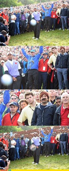 several pictures of people standing in front of each other with balls on their heads and one man holding a golf club