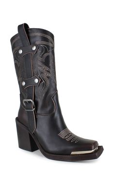 A snipped toe boasting a gleaming hardware plate refreshes the classically Western design of a water-resistant cowboy boot detailed with bold topstitching and buckled side straps. 3 1/2" heel; 1" platform 12 1/2" shaft; 11 1/2" calf circumference. Narrow calf Pull-on style Leather upper, lining and sole Made in Italy Western Style Moto Boots Ankle Cut Medium Width, Western Mid-calf Boots With High Stacked Heel, Rugged Leather Boots For Rodeo, Western Moto Boots With Stacked Heel, Western Style Moto Boots With Stacked Heel, Western Heeled Boots With Reinforced Heel, Western Boots With Stacked High Heel, Western Closed Toe Boots For Western-themed Events, Pointed Toe Mid-calf Boots With Reinforced Heel For Rodeo