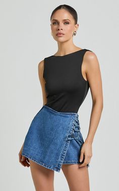 Ronnie Skort - Mid Waist Lace Up Denim Skort in Dark Blue Wash High-rise Denim Blue Skort, High-waist Stretch Denim Blue Skort, Edgy Denim Mini Skort, Denim Skort With Built-in Shorts, Non-stretch Denim Skort, Skort Denim, Denim Skort, Blue Mini Skirt, Mini Skirt