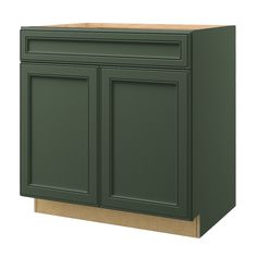 a green cabinet with two doors and one drawer