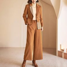 High Low Single Breasted Blazer & Wide Leg Pants Set Vivian Seven Trouser Suit Women, Blazer And Wide Leg Pants, Blazer Wide Leg Pants, Elegant Pants Suits, Wool Trousers, Fall Coat, Pantalon Large, Breasted Blazer, Trouser Suits