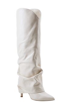 A slouchy shaft puts an exclamation point on the effortlessly chic design of a knee-high boot fashioned with a stiletto heel and pointy toe. 3 1/4" heel 15 1/2" shaft; 14 1/4" calf circumference Pull-on style Leather upper/textile and synthetic lining/synthetic sole Imported Chic White Knee-high Boots For Formal Occasions, Elegant Mid-calf Boots With Sculpted Heel For Spring, Elegant Spring Mid-calf Boots With Sculpted Heel, Elegant Knee-high Boots For Spring, Chic Spring Formal Knee-high Boots, Elegant White Pointed Toe Mid-calf Boots, Elegant White Knee-high Boots With Pointed Toe, Elegant White Mid-calf Boots With Pointed Toe, Elegant Fitted White Mid-calf Boots