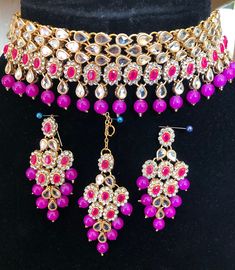 Dark pink choker set with earrings and tikka. Pink Choker Necklace Indian, Bollywood Pink Choker For Diwali, Dark Pink Jewellery Set, Bollywood Style Pink Wedding Choker, Choker Necklace Set Kundan Pink Heavy, Pink Choker, Choker Set, Jewellery Sets, Wedding Jewellery