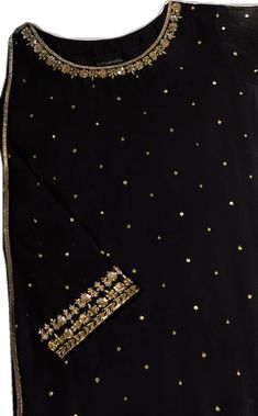 Elegant Black Sharara With Gota Work, Elegant Black Salwar Kameez With Gota Work, Designer Black Sharara With Gota Work, Black Straight Kurta Set With Gota Work, Party Salwar Kameez With Dabka And Kundan Details, Party Salwar Kameez With Kundan And Dabka, Elegant Black Anarkali Set With Gota Work, Traditional Black Kurta With Gota Work, Black Designer Kurta With Gota Work