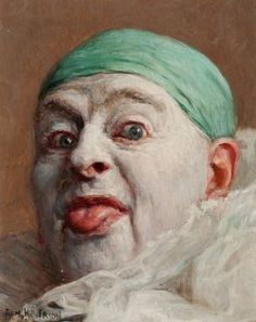 a painting of an old woman with a green headband sticking her tongue out to the side