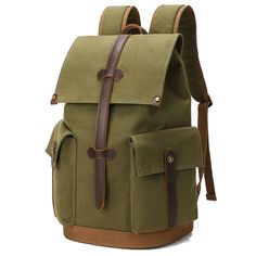 Wear-resistant Canvas Backpack Travel Computer Bag - Woosir Backpack With Pockets For Outdoor Activities, Outdoor Activity Backpack With Pockets, Backpack Travel Bag For Outdoor Activities, Functional Travel Backpack With Pockets, Casual Laptop Bag With Functional Pockets For Daily Use, Canvas Backpack With Zipper Pocket For Outdoor, Outdoor Backpack With Pockets, Functional Khaki Backpack With Zipper Pocket, Casual Green Laptop Bag For Travel