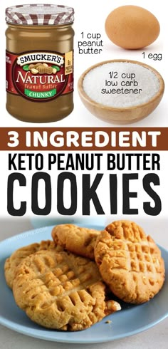 three ingredient keto peanut butter cookies on a blue plate