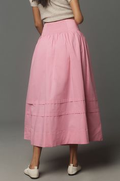 Cotton, elastane; cotton lining Zipper styling Machine wash Imported | Button-Waist Midi Skirt by Maeve in Pink, Women's, Size: Small, Cotton/Elastane at Anthropologie A Line Midi Skirt With Pockets, Casual Feminine Skirt, Petite A Line Skirt, A Line Midi Skirt Winter, Woman Midi Skirt, Petite A Line Skirts, Spring Non-stretch Buttoned Skirt, High Waist Gathered Skirt For Daywear, Fitted Maxi Skirt With Buttons