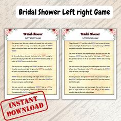 the bridal shower left right game is shown with an image of two cards on it