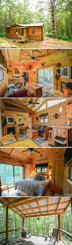 the inside and outside of a wooden cabin in the woods, with multiple pictures of it