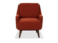 an orange chair with wooden legs and arm rests against a white background, it appears to be empty