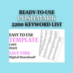 the ready - to - use poshmark keyword list is shown on a blue background