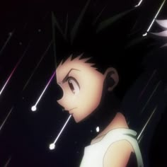 an anime character with black hair and white shirt looking at something in the dark sky