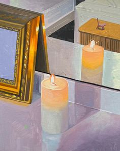 an oil painting of two candles in front of a mirror on the wall next to a box