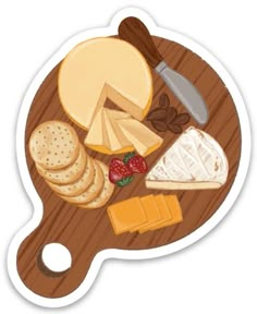 a wooden cutting board topped with cheese and crackers