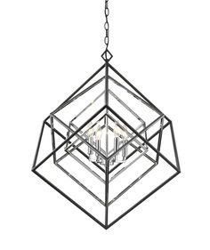 a chandelier hanging from the ceiling with four lights in it and an open geometric design