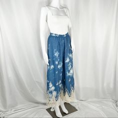 Show Me Your Mumu Sky Blue & Cream Embroidered & Crochet Hem Wide Leg Pants Szs With Elastic Waistband Has Hanging Tag But No Care Tag. Blue Embroidered High Waist Pants, High Waist Embroidered Blue Pants, Blue Embroidered Spring Pants, Blue Embroidered High Waist Bottoms, High Waist Embroidered Blue Bottoms, Blue High Waist Embroidered Bottoms, Spring Embroidered Ankle-length Bottoms, Blue Ankle-length Wide Leg Pants For Summer, Bohemian Blue Bottoms For Summer