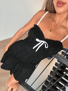 Women's Casual Bow Decor Suspender Mini Dress Black Casual  Sleeveless Woven Fabric Plain Cami Non-Stretch  Women Clothing, size features are:Bust: ,Length: ,Sleeve Length: Bow Decor, All Fashion, Women Clothing, Length Sleeve, Latest Trends, Style Inspiration, Sleeve Length