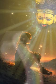 a painting of a person sitting in front of a golden buddha head with the sun shining down