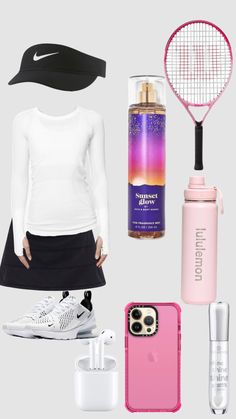 the contents of a woman's outfit including tennis racket, water bottle and cell phone