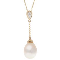 "Add an elegant touch to your attire with this lustrous freshwater cultured pearl pendant. Add an elegant touch to your attire with this lustrous freshwater cultured pearl pendant. Pendant size: 1 1/8""L x 1/3""W Length: 18 in. Clasp: spring-ring Chain type: rope Metal: 10k gold Finish: polished Packaging: boxedCULTURED PEARL DETAILS Type: freshwater Size: 8.5 mm - 9 mm Shape: oval Color: whiteDIAMOND DETAILS Shape: round Setting: prong Total weight: less than 1/10 ct. Color grade: H-I Clarity: Nye Wedding, Pearl Details, Ring Chain, Freshwater Cultured Pearls, Pearl Diamond, Chain Ring, Pearl Pendant, 10k Gold, Spring Rings