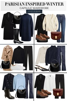 Graphic of 6 outfit combinations with jeans, sweater dresses, and pants. Dress Like A Parisian Winter, Everyday Parisian Style, French Style 2024, Winter Work Outfits For Women 2023, Classic Winter Outfits Women, Parisian Style Wardrobe, Parisian Outfit French Style, Winter Basics Wardrobe, Parisian Chic Style Fall