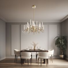 a dining room table with chairs and a chandelier