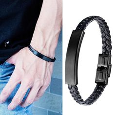 Men's Bracelet Stainless Steel And Pu Leather Braided With Latch Clip Closure. Nwt. Black Leather Casual Wristband, Casual Black Leather Wristband, Casual Black Leather Bracelet, Black Rectangular Leather Strap Bracelet, Black Casual Leather Bracelet, Masculine Leather Bracelet With Black Band, Everyday Black Rectangular Leather Bracelet, Metal Cuff Bracelet, Men's Bracelet